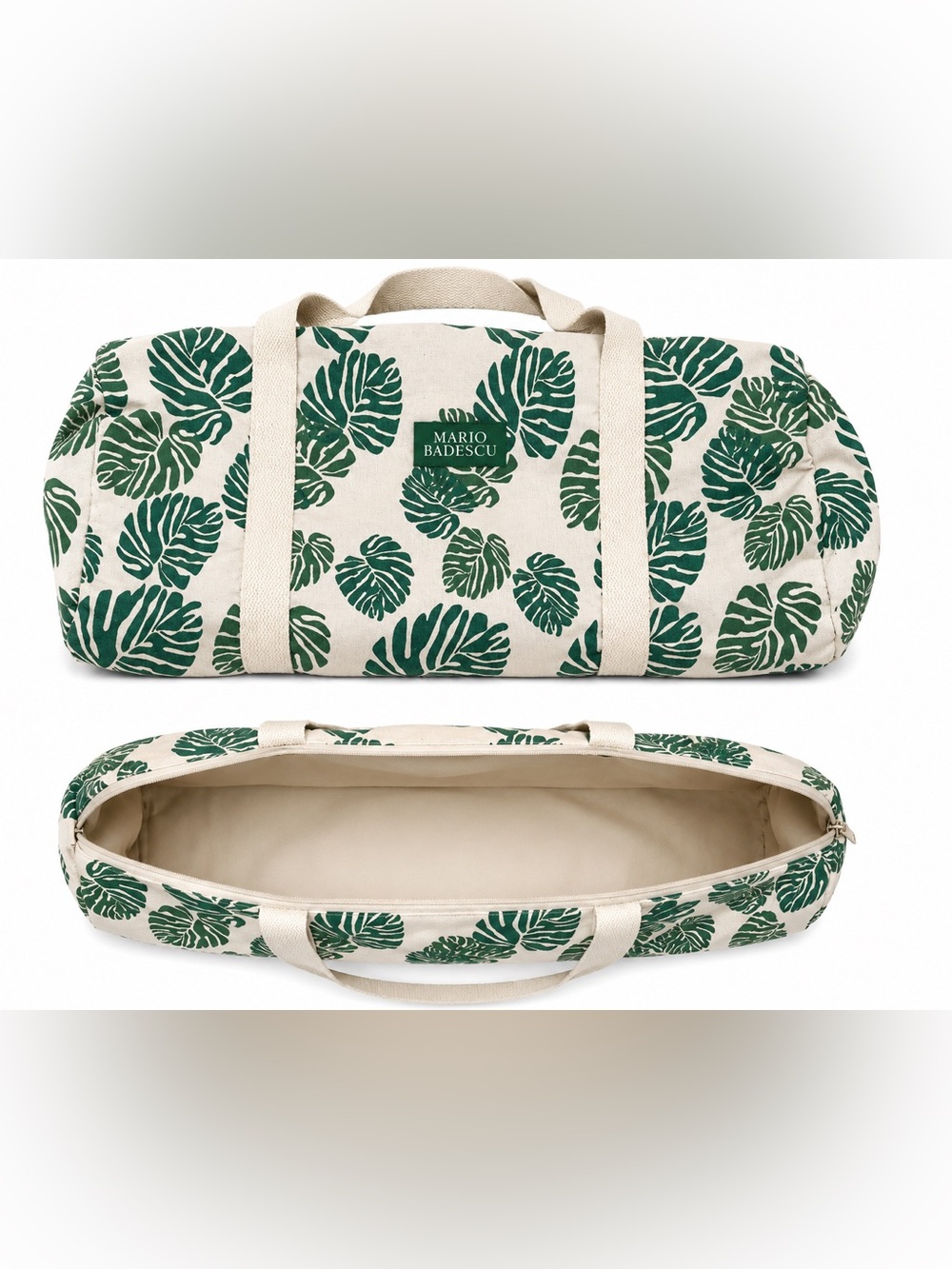 Mario Badescu Cream Canvas Tote with Green Leaf Print